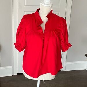 TCEC Vibrant Red Blouse with Ruffle Accents
